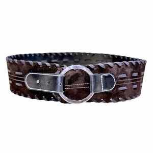 Carlisle Wide Suede Leather Belt Dark Blue Braided Detail Ring Buckle | 38” x 3”